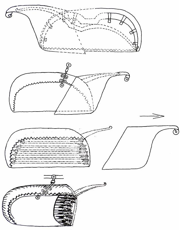 Goryt (Bogen- und Pfeiltasche, Rek. T33.jpg - Die verschiedenen Darstellungen des medischen (letztlich wohl skythischen) Goryts lassen nur wenige Schlussfolgerungen über seine Beschaffenheit zu. Ganz offensichtlich steckte in der ledernen (manchmal mit Goldblech beschlagenen) Tasche auf der einen Seite ein bespannter Sigmabogen mitsamt einem unbespannten Sigmabogen als Ersatz, auf der anderen Seite ein Pfeilbehälter. Das Ganze war mit einem übergehängten und am Bogenende verknoteten Beutel vor Regen geschützt. Die Aufhängung am Gürtel ließ für den Reitgebrauch ein Abklappen vom Körper sowie eine Drehung der Tasche zu, so dass bei Einsatz des Bogens der Pfeilbeutel nach außen gedreht werden konnte und so schnell erreichbar war.